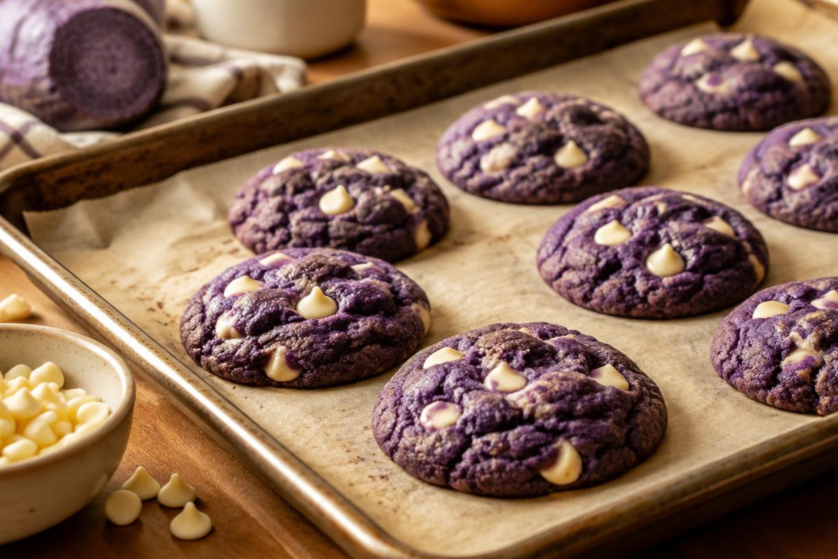 Cookies violets à l’ube avec pépites de chocolat blanc sur une plaque