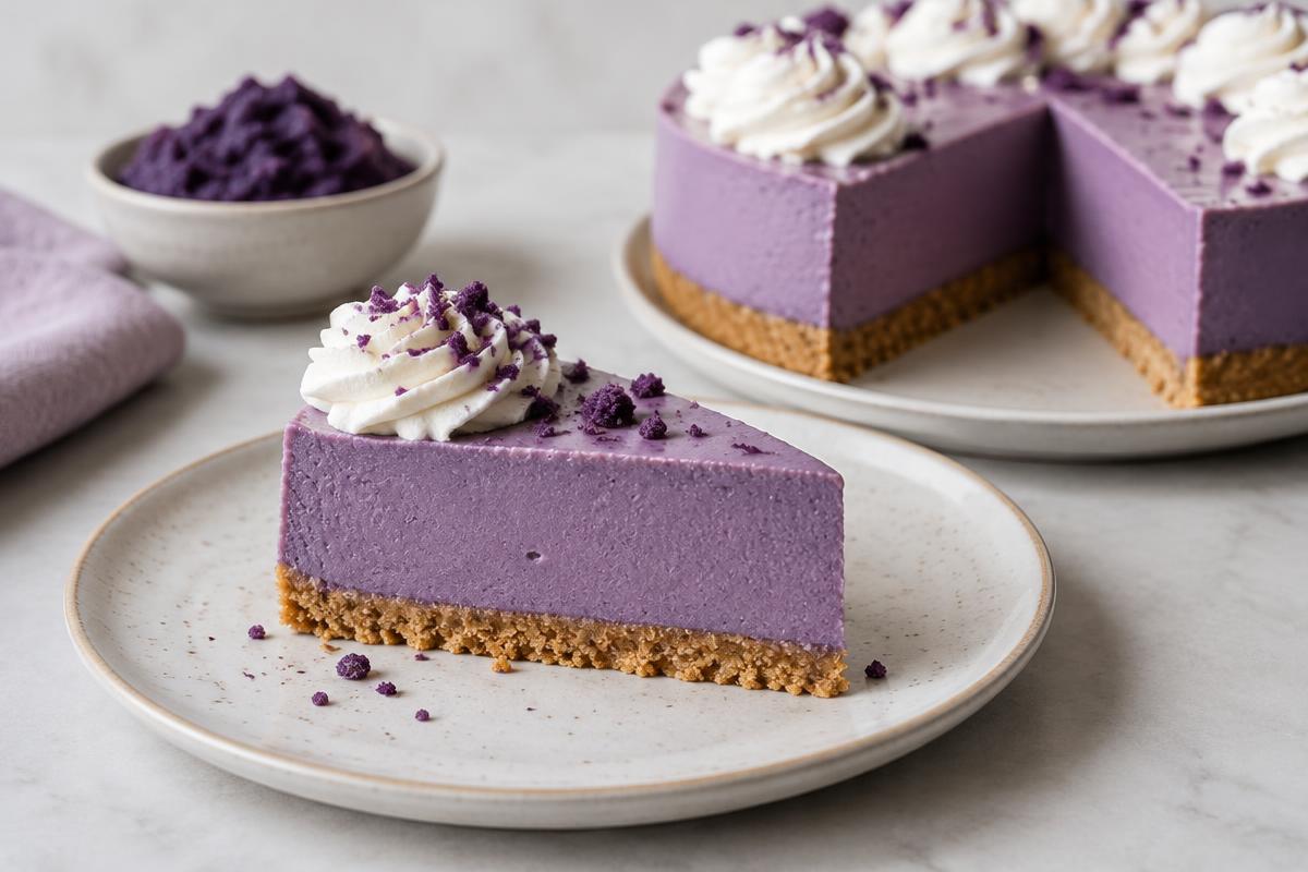 Part de cheesecake violet à l’ube sur une assiette