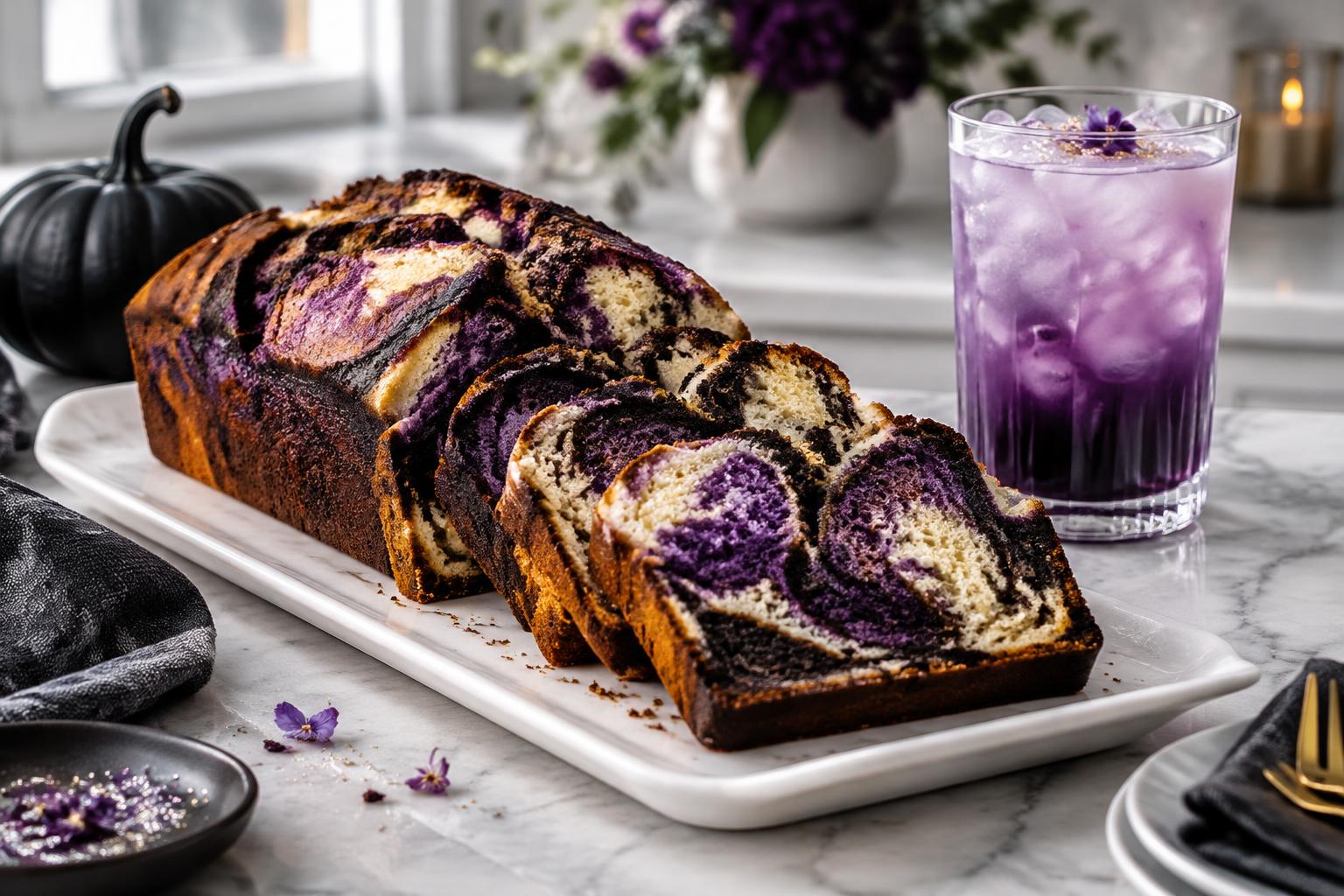 Inspiration Halloween : gâteau marbré violet et boisson à l’ube