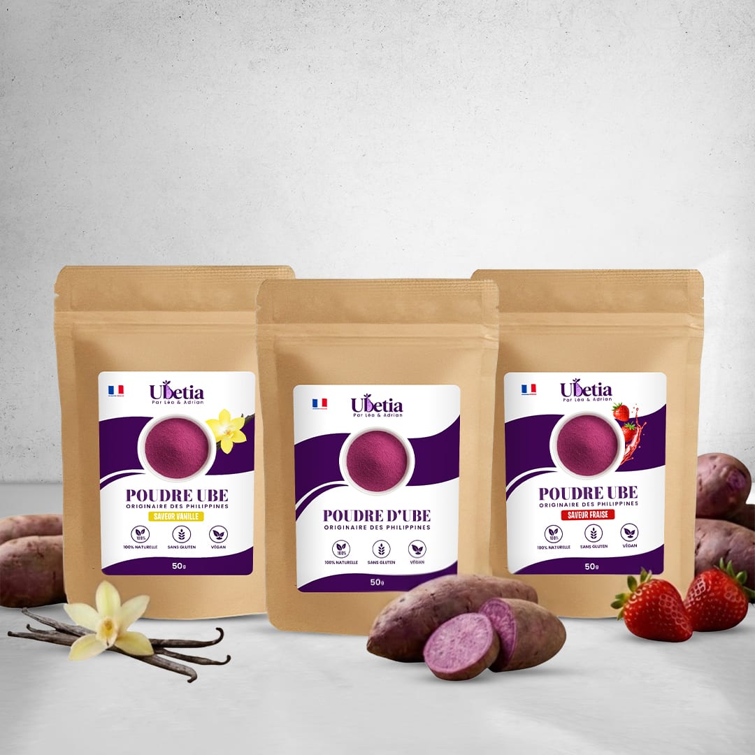 Ubetia® – Trio Découverte Ube Premium (Nature, Vanille & Fraise) - 3 x 50g - Ubetia